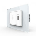 LIVOLO Intrerupator tactil simplu cap scara cruce + priza USB, 3M, rama sticla, Livolo (VL-FC1S-FCUS-2WP-P9E)