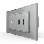 LIVOLO Intrerupator tactil simplu cap scara cruce + priza dubla USB, 4M, cu rama sticla, Livolo (VL-FC1S-2FCUS-2IP-P9E)