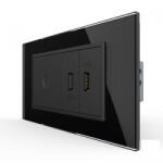 LIVOLO Intrerupator tactil simplu cap scara cruce + priza dubla USB, 4M, cu rama sticla, Livolo (VL-FC1S-2FCUS-2BP-P9E)