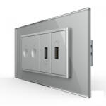 LIVOLO Intrerupator tactil dublu cap scara cruce + priza dubla USB, 4M, cu rama sticla , Livolo (VL-FC2S-2FCUS-2IP-P9E)