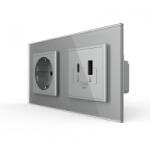 LIVOLO Priza dubla Schuko + USB tip A si tip C, cu rama sticla (UC18W-P7E/E-4IP)