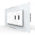 LIVOLO Intrerupator tactil simplu cap scara cruce + priza dubla USB, 4M, cu rama sticla, Livolo (VL-FC1S-2FCUS-2WP-P9E)