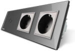 LIVOLO Intrerupator LIVOLO simplu cap scara cap cruce cu touch si 2 prize schuko din sticla (1408)