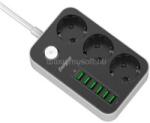 Energizer EPB2500W01EU hálózati elosztó 3db hálózati és 6db USB csatlakozó aljzattal, túlfeszültség védelemmel, 2m kábel (ENERGIZER_EPB2500W01EU_BK_ML) (ENERGIZER_EPB2500W01EU_BK_ML)