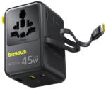 Baseus Adaptor de calatorie Baseus PicoGo AG11 2x AC, 2x USB-A, 1x USB-C, 45W, cablu USB-C retractabil, Negru (E0307F00) - dwyn