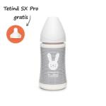 Suavinex Biberon 270 ml cu tetină rotundă din silicon, 3 fluxuri, iepuraș cu linii gri, Hygge Suavinex