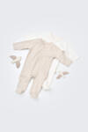 BabyCosy Set 2 salopetele cu maneca lunga si pantaloni lungi cu botosei - 100%bumbac organic - Crem cu buline, BabyCosy (Marime: 3-6 Luni)