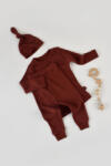 BabyCosy Set 3 piese: bluzita cu maneca lunga, pantaloni lungi si caciulita din bumbac organic si modal - Caramiziu BabyCosy (Marime: 12-18 Luni)