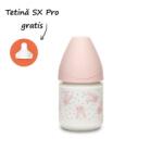 Suavinex Biberon din sticlă 120 ml cu tetină rotundă din silicon, debit lent, iepuraș roz Hygge Suavinex