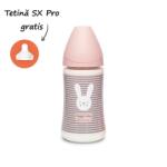 Suavinex Biberon 270 ml cu tetină rotundă din silicon, 3 fluxuri, iepuraș cu linii roz, Hygge Suavinex