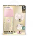 Suavinex Set biberon 270ml + suzetă 0-6m + lănțișor Roz Gold Premium Set pentru masa bebelusi