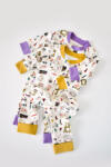 BabyCosy Set 2 salopetele cu maneca lunga si pantaloni lungi cu fermoar - 100%bumbac organic - Galben si Mov, BabyCosy (Marime: 3-6 Luni)
