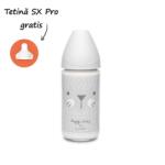 Suavinex Biberon din sticlă 240 ml cu tetină rotundă din silicon, 3 fluxuri, pisică gri Hygge Suavinex