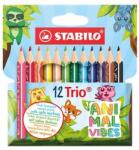 STABILO Színes ceruza készlet, háromszögletű, vastag, STABILO Trio Thick Short Animal Vibes, 12 különböző szín