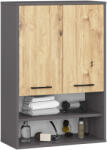 Brius Dulap baie suspendat, cu 2 usi si 2 rafturi deschise, PAL 16 mm, 64x30x94 cm, gri si stejar artisan (AK-12214114)