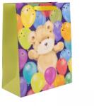 QX Punguță cadou aurie cu ursuleț și baloane - 26 x 32 cm (370778)