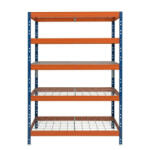 AR Shelving RIVET PRO nagy teherbírású állvány, 252×120×45 cm, 5 szint, acélrács polccal, 260 kg/polc, kék-narancs