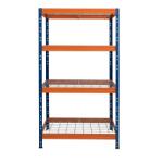 AR Shelving RIVET PRO nagy teherbírású állvány, 180×90×60 cm, 4 szint, acélrács polccal, 300 kg/polc, kék-narancs
