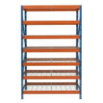 AR Shelving RIVET PRO nagy teherbírású állvány, 252×120×45 cm, 7 szint, acélrács polccal, 260 kg/polc, kék-narancs