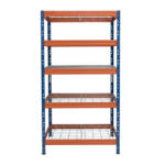 AR Shelving RIVET PRO nagy teherbírású állvány, 252×90×60 cm, 5 szint, acélrács polccal, 260 kg/polc, kék-narancs