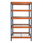 AR Shelving RIVET PRO nagy teherbírású állvány, 180×90×45 cm, 5 szint, acélrács polccal, 300 kg/polc, kék-narancs
