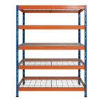 AR Shelving RIVET PRO nagy teherbírású állvány, 180×120×60 cm, 5 szint, acélrács polccal, 300 kg/polc, kék-narancs