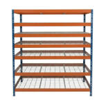 AR Shelving RIVET PRO nagy teherbírású állvány, 252×180×45 cm, 7 szint, acélrács polccal, 260 kg/polc, kék-narancs