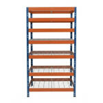 AR Shelving RIVET PRO nagy teherbírású állvány, 252×90×60 cm, 7 szint, acélrács polccal, 260 kg/polc, kék-narancs