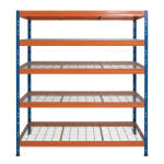 AR Shelving RIVET PRO nagy teherbírású állvány, 180×150×45 cm, 5 szint, acélrács polccal, 300 kg/polc, kék-narancs