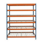 AR Shelving RIVET PRO nagy teherbírású állvány, 252×180×45 cm, 6 szint, acélrács polccal, 260 kg/polc, kék-narancs