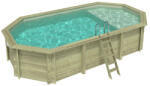 Atlana Fa épített medence 730x397x145 cm 8 szögletű nyújtott úszómedence, homok színű belső fóliával, keretes kivitelben betonozás nélkül és beépített napozóval