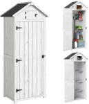 Outsunny Dulap pentru grădină exterior din lemn, Adăpost pentru unelte, 3 rafturi, 2 uși cu cleme, 77x54x179cm, Gri deschis | Aosom Romania (845-209V01LG)