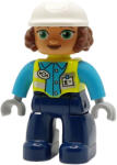 LEGO® Minifigurák Duplo Figure Lego Ville, Female Railway Worker, Dark Blue Legs, Neon Yellow Vest with Name Tag and T 47394pb362 (47394pb362)