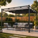  Kerti pergola visszahúzható tetővel, acél és poliészter, 300x300x232 cm, szürke