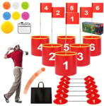 Fincome Golf Yard Bucket Játék 6 Lyukkal és Zászlóval, Chipping Gyakorló Készlet Gyerekeknek és Felnőtteknek Kültérre és Beltérre, Kert, Str