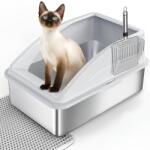 FURTIME rozsdamentes acél macska WC tálca XXL, 30 L, lapáttal - 58x37x28, 5 cm, ezüstszürke