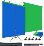 JEBUTU Kék Zöld 2 az 1-ben fotó háttér 1, 5 x 2 m állvánnyal és 5 csipesszel, állítható streaming chroma key gaming videóhoz