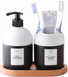ginzamaison Set dispenser sapun lichid si suport periuta de dinti, Ginza Maison, Sticla, cu pompa si tava din lemn, reutilizabile, detergent de 425 ml pentru baie, hotel, Alb (GNZ-LX-SBN-B)
