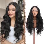 FESHFEN Lace Front szintetikus paróka, hosszú göndör - természetes fekete - 70 cm
