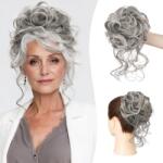 Sofeiyan Messy Bun kontybetét göndör szintetikus hajjal, rugalmas pánttal - fekete-szürke tincsvégekkel
