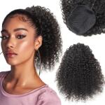 ISHEENY Afro Kinky Curly Lófarok Valódi Hajból, Fekete, 35 cm, Hajhosszabbítás Gumival