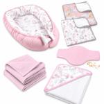 Kidizi Set bebe nou-nascut 5 piese Kidizi - Babynest Cocoon 90x50 cm, prosop cu gluga 90x90 cm, paturica din muselina, 2 aleze impermeabile si centura anticolici - Fairy Clouds (5949551921806)