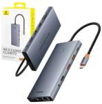  13 in 1 Hub, Baseus, Alumíniumötvözet, 2x HDMI / DP / VGA / 2 x USB-C / 3 x USB-A / RJ45 / 3, 5 mm-es audió port, Szürke