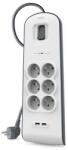 Belkin Multipriza BELKIN cu 6 prize de curent alternativ + 2, protecție împotriva supratensiunii + cablu de alimentare de 200 cm, ALB, BSV604CA2M (BSV604CA2M)