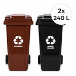 MULTISTORE Műanyag hulladéktároló, szelektív kültéri kuka szett, Multistore MO-240G-1-2, 2 x 240 l, fekete/barna, gumírozott kerekek, UV-álló, HDPE műanyag, zárható fedél (TF5371)