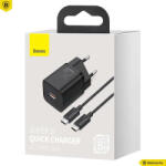Baseus Super Si USB-C hálózati gyorstöltő 25W USB-C/USB-C kábellel Black (TZCCSUP-L01)