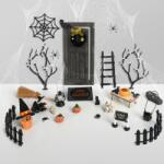 NVGVUP Halloween Babaház Dekoráció, Törpe Ajtó Miniatűr Fa Készlet, Pók Denevér Tök Csontváz Sírkő Seprű Boszorkány, Fekete, 20x15x10 cm