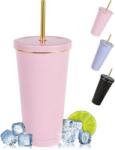 Flintronic termosz pohár szívószállal és fedővel, 500 ml - rózsaszín