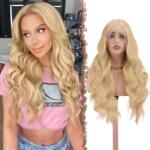 FESHFEN Lace Front szintetikus paróka, hosszú göndör - szőke - 70 cm