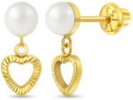 Bebe Gold Cercei Copii Aur 14K cu Perla de Cultura si Inimioara, taietura diamant, inchidere cu Filet si Protectie